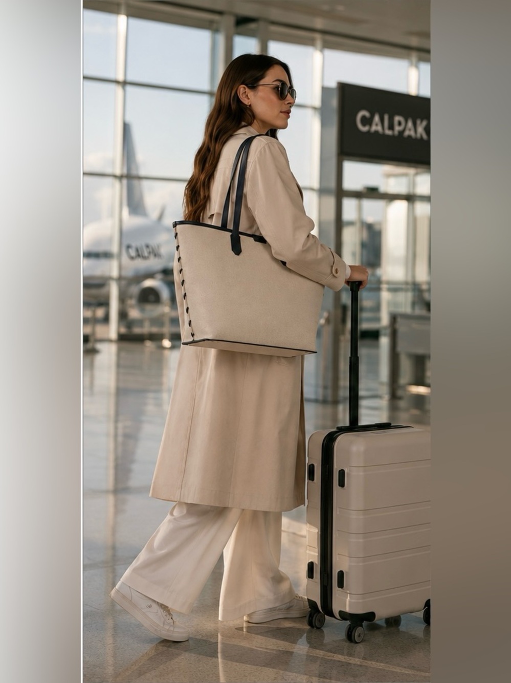 CALPAK Colette 15” Canvas Laptop Tote Natural Navy NWOT Work Travel Bag